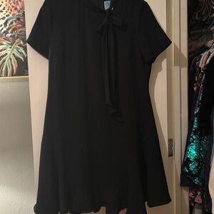 CeCe 12 Dress High Neck Bow Ruffled Hem Short Sleeves Blk Flirty Feminine
